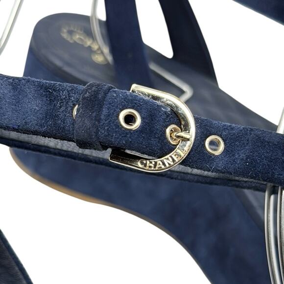 Chanel Suede Calfskin Platform Wedge Sandals Blue Size 39 - Picture 4 of 15